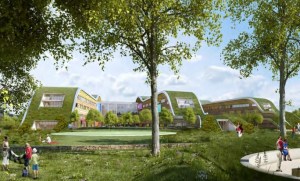 grass roofed buildings in parkland setting